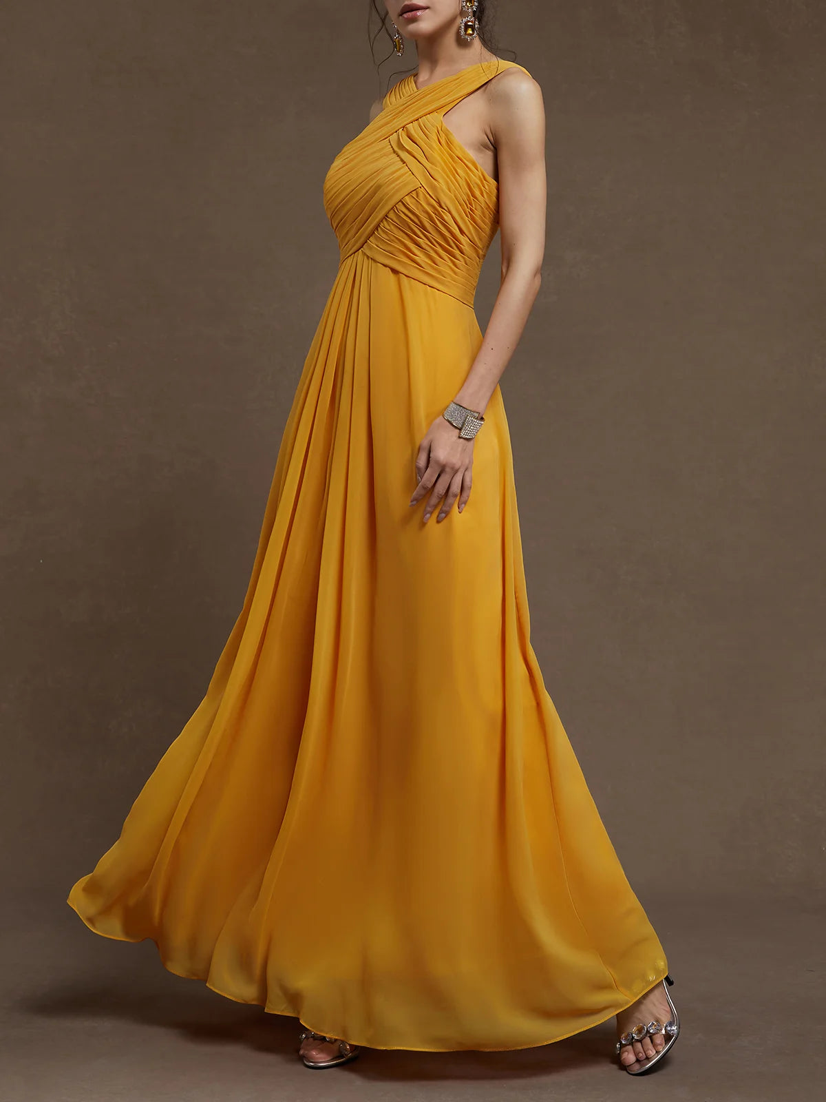 Simple beautiful generous and full of charm Yellow Pleated Cross Neck Sleeveless A-Line Maxi Chiffon Dress