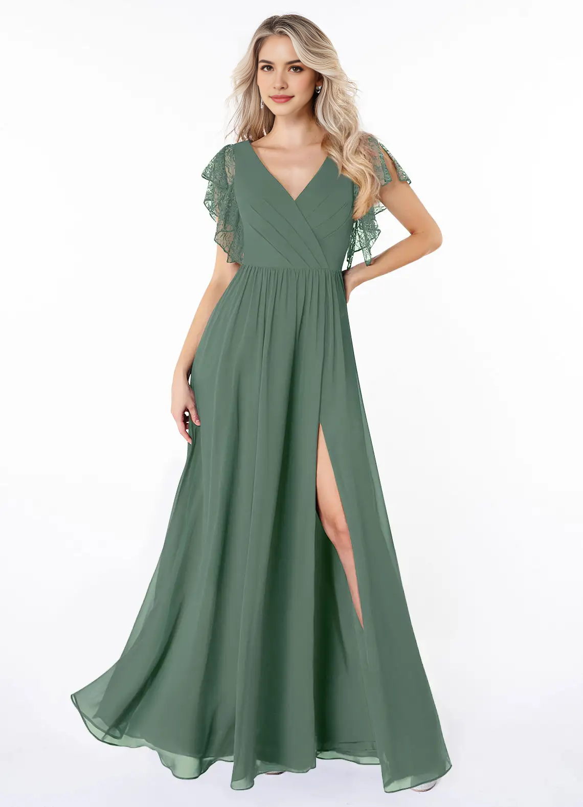Sage Green Lace Flutter Sleeve Maxi Dress with Side Slit A-Line Lace Chiffon Dress Bridesmaid Dresses