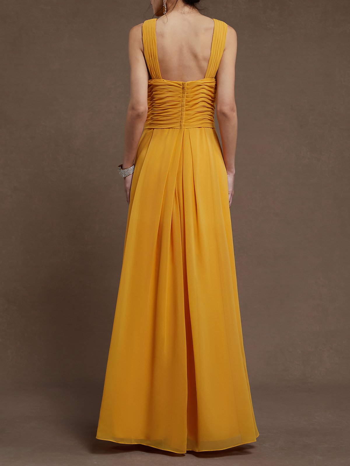 Simple beautiful generous and full of charm Yellow Pleated Cross Neck Sleeveless A-Line Maxi Chiffon Dress