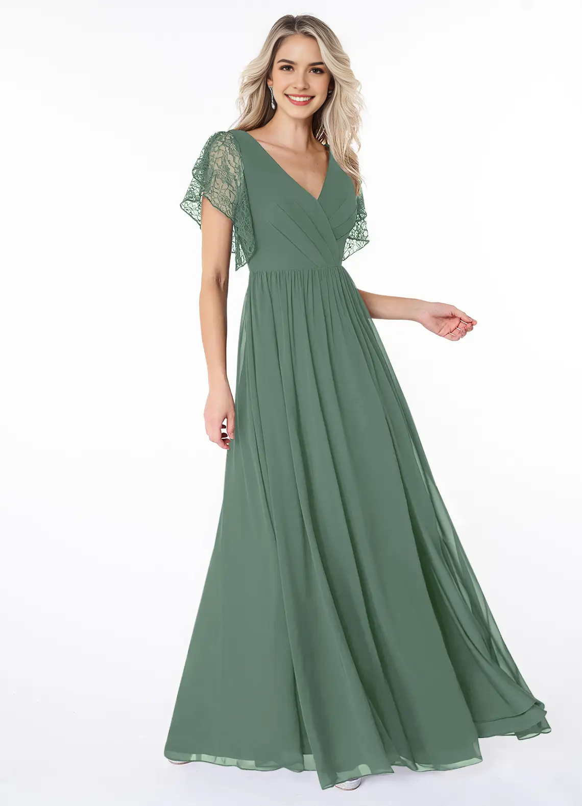 Sage Green Lace Flutter Sleeve Maxi Dress with Side Slit A-Line Lace Chiffon Dress Bridesmaid Dresses