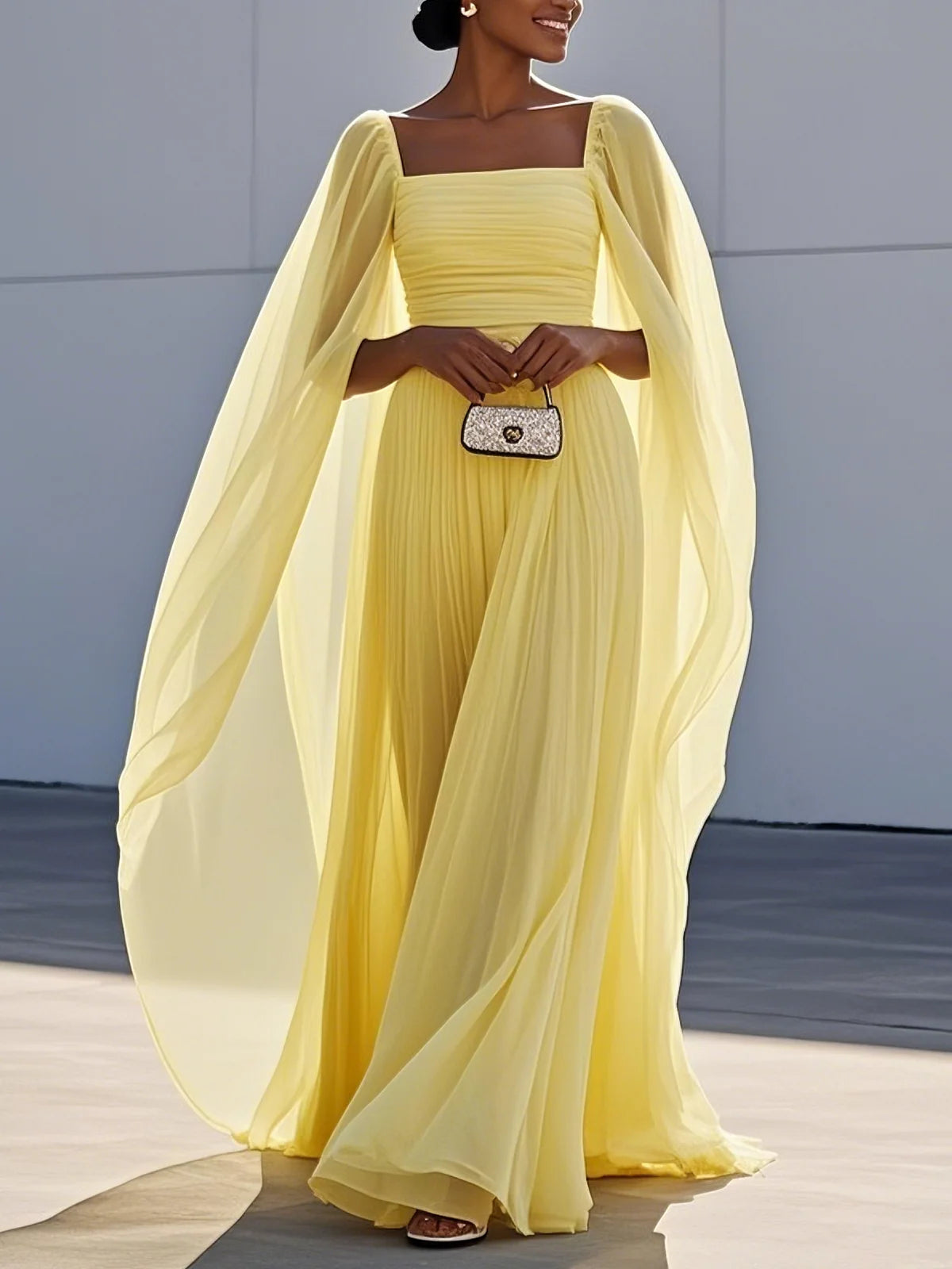 Simple beautiful generous and full of charm Yellow Pleated Chiffon Dress Square Neck Long Sleeve A-Line Gown