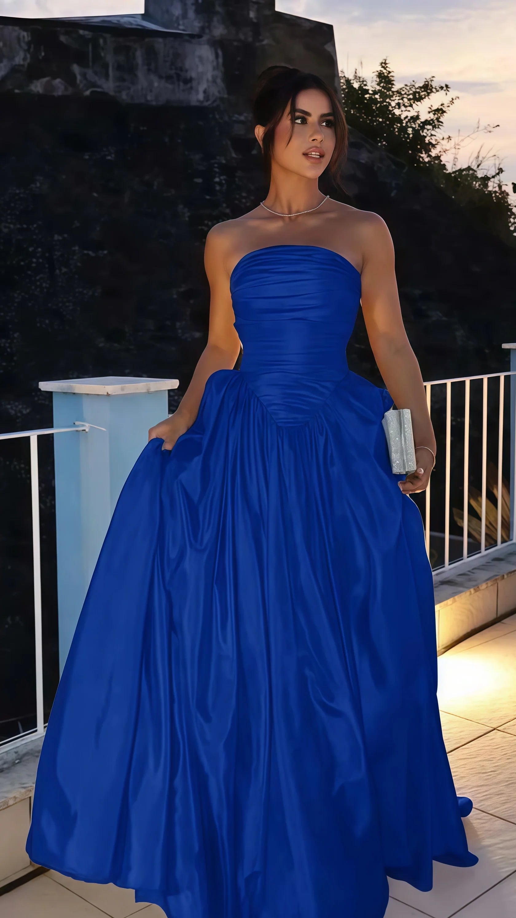 Sexy Mermaid Long Prom Dress Blue Strapless A-line Satin Prom Dress