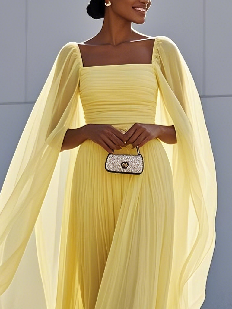 Simple beautiful generous and full of charm Yellow Pleated Chiffon Dress Square Neck Long Sleeve A-Line Gown