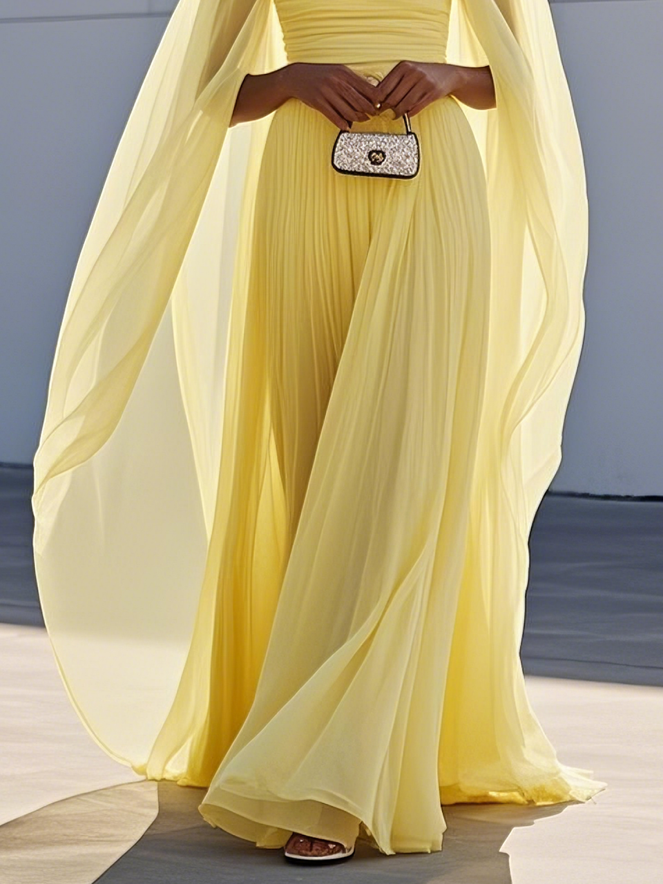 Simple beautiful generous and full of charm Yellow Pleated Chiffon Dress Square Neck Long Sleeve A-Line Gown