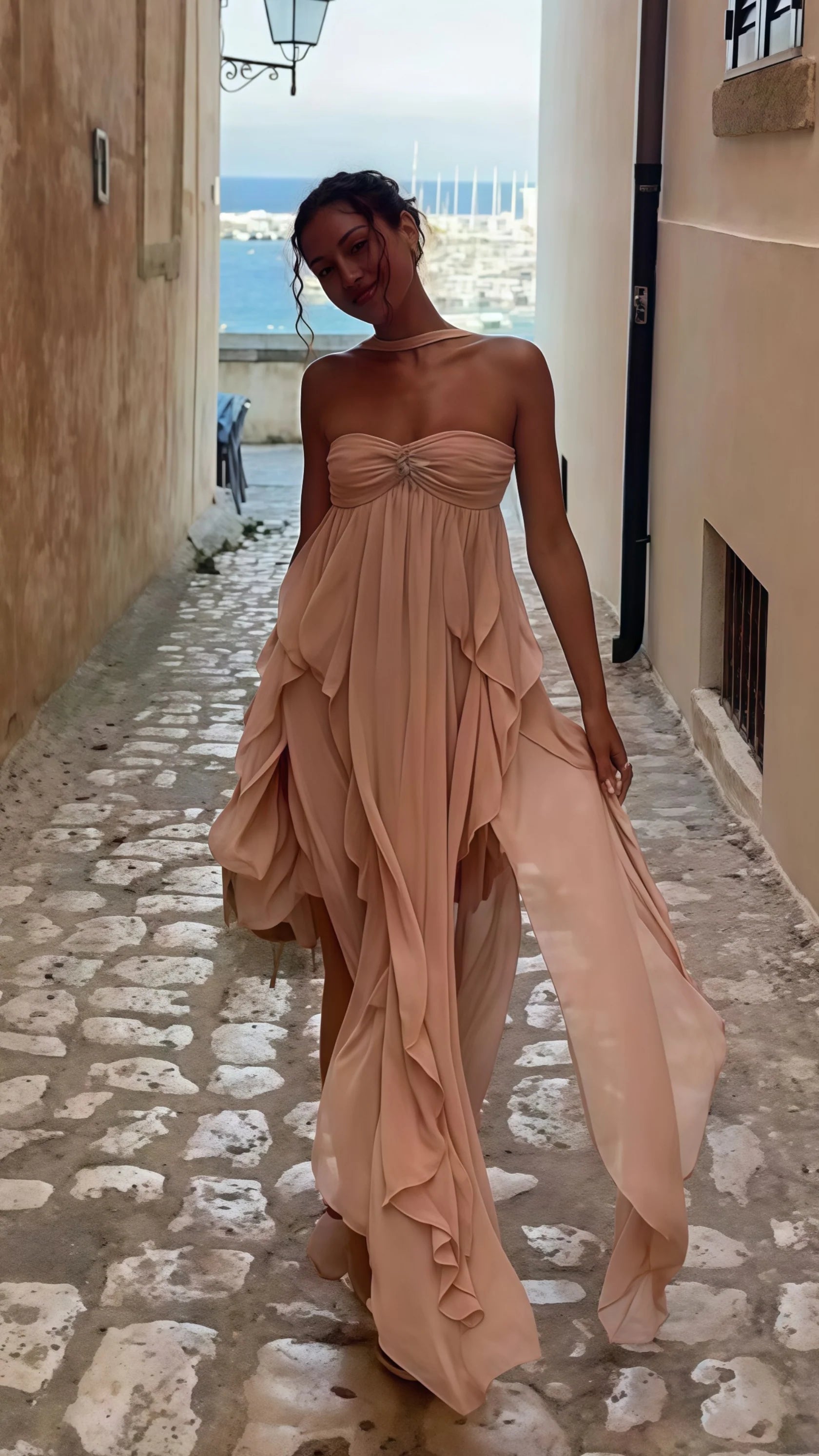 Sexy Mermaid Long Prom Dress Puffy Pink Chiffon Beach Party Dress Senior Prom Dress For Women
