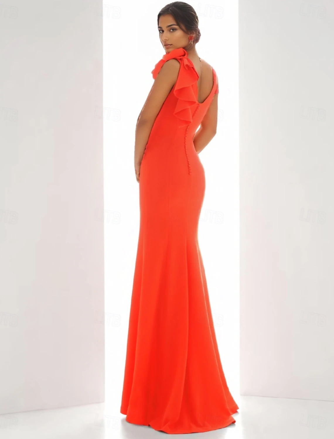 Sheath Column Evening Gown Elegant Dress Formal Wedding Guest Floor Length Sleeveless Crew Neck Stretch Crepe with Ruffles Slit Shouder Flower