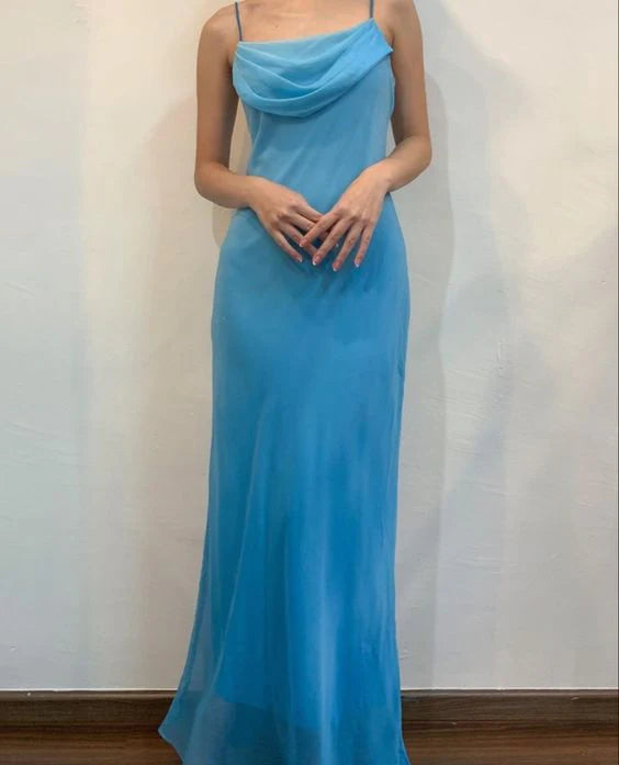 Spaghetti Straps Blue Chiffon Sheath Long Prom Dresses