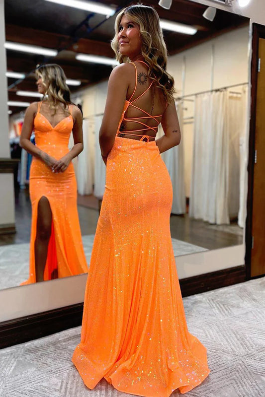 Cute Mermaid V Neck Orange Sequins Long Prom Dresses with Slit