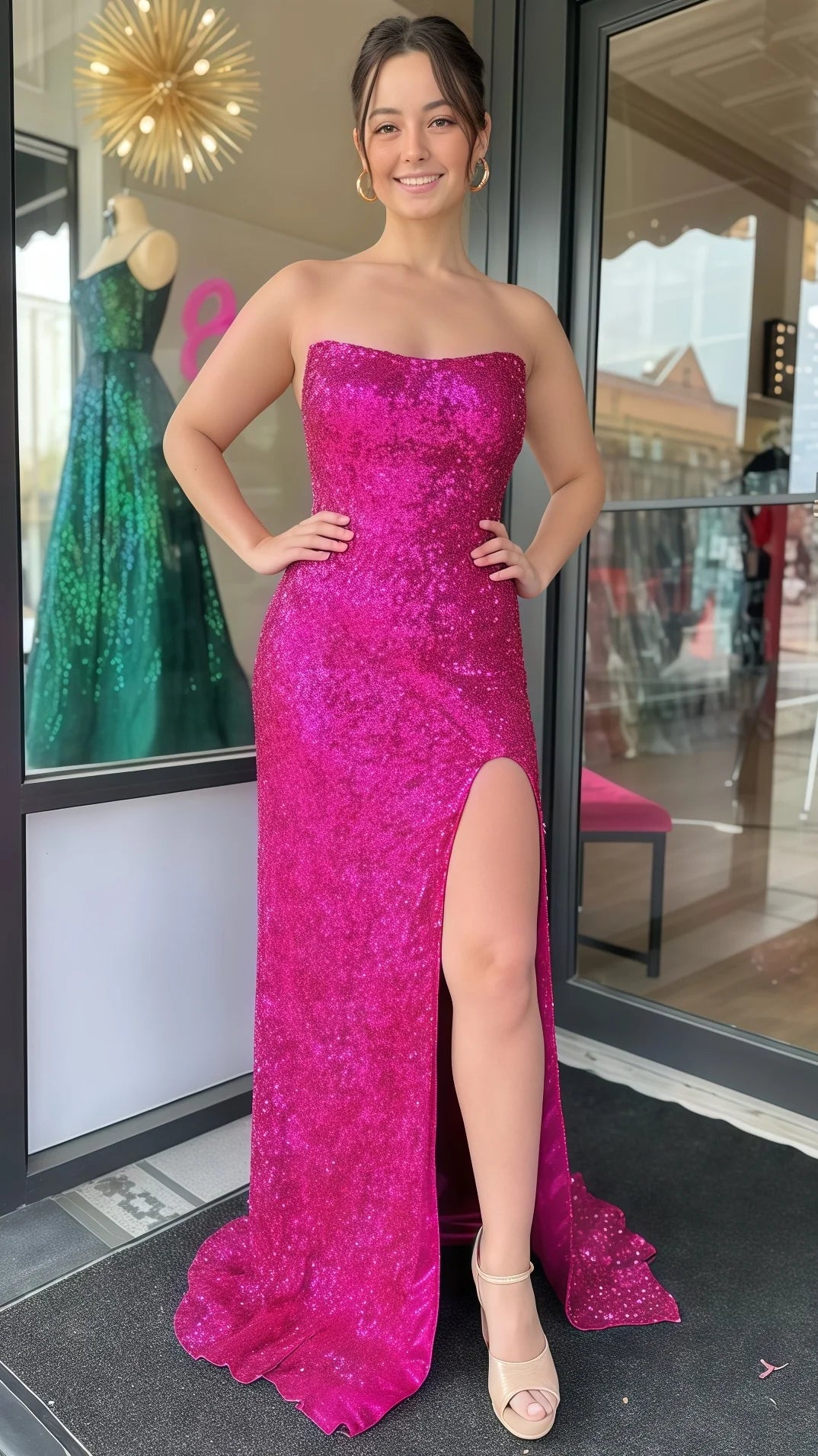 Sexy Mermaid Beautiful elegant and unique design Prom Dress Fuchsia Hot Pink Sequined Prom Dress With High Slit