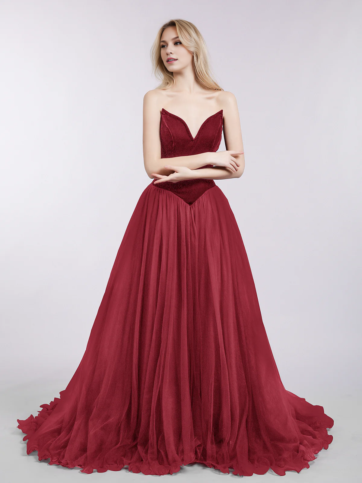 Sweetheart Neck Tulle Dress with Train-Burgundy Simple gentle atmospheric and unique design