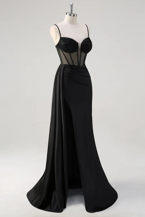 Black Spaghetti Straps Satin Mermaid Long Corset Prom Dress with Slit simple gentle atmospheric and unique desi