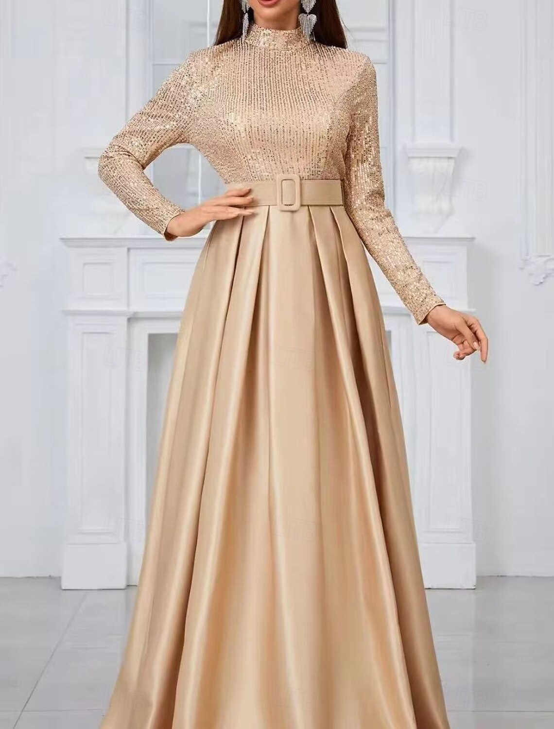 Evening Gown Elegant Dress Evening Party Black Tie Gala Court Train Long Sleeve Stand Collar Belt Sash Cotton Blend Cowl Back with Buttons Sequin