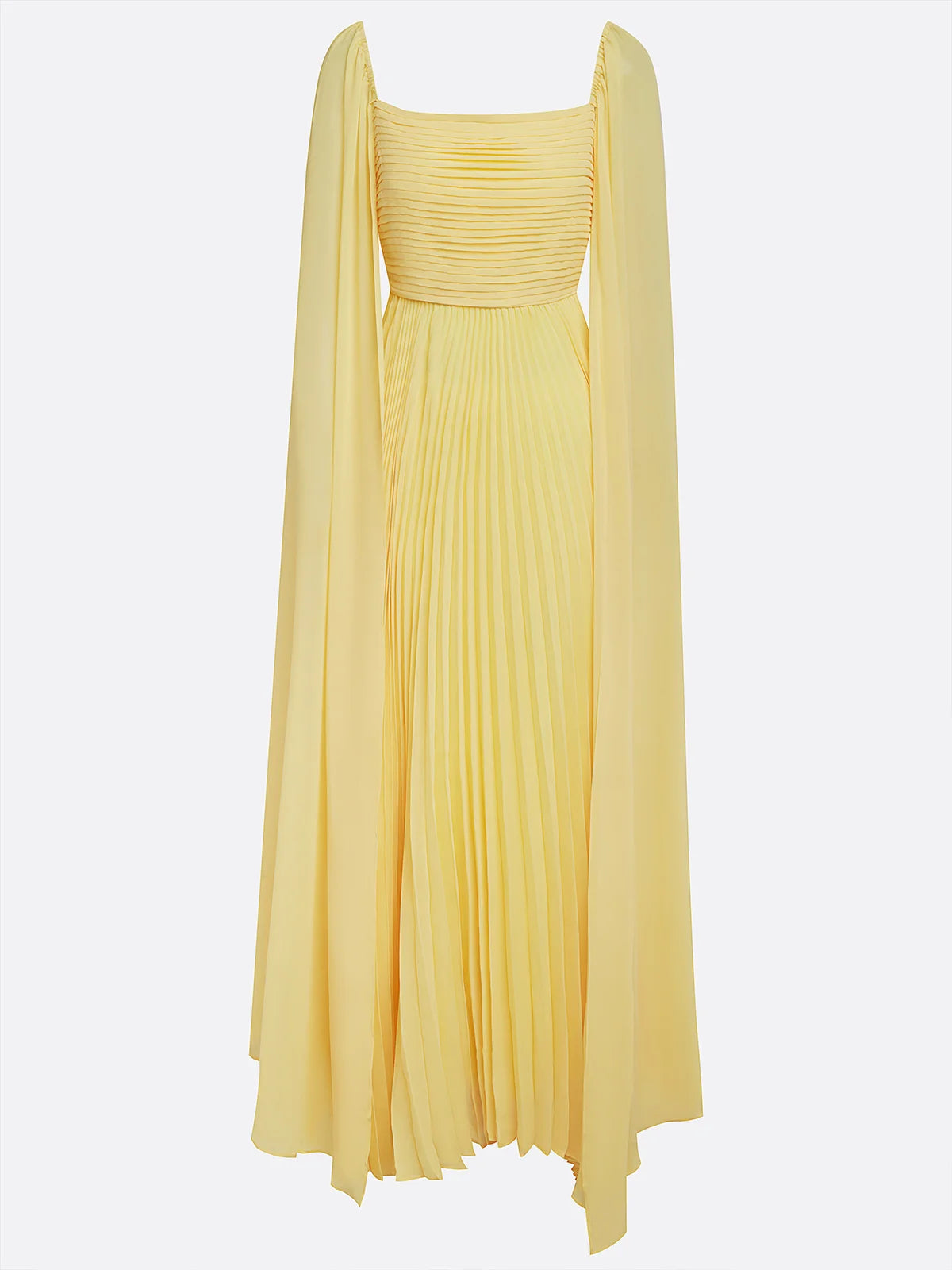 Simple beautiful generous and full of charm Yellow Pleated Chiffon Dress Square Neck Long Sleeve A-Line Gown