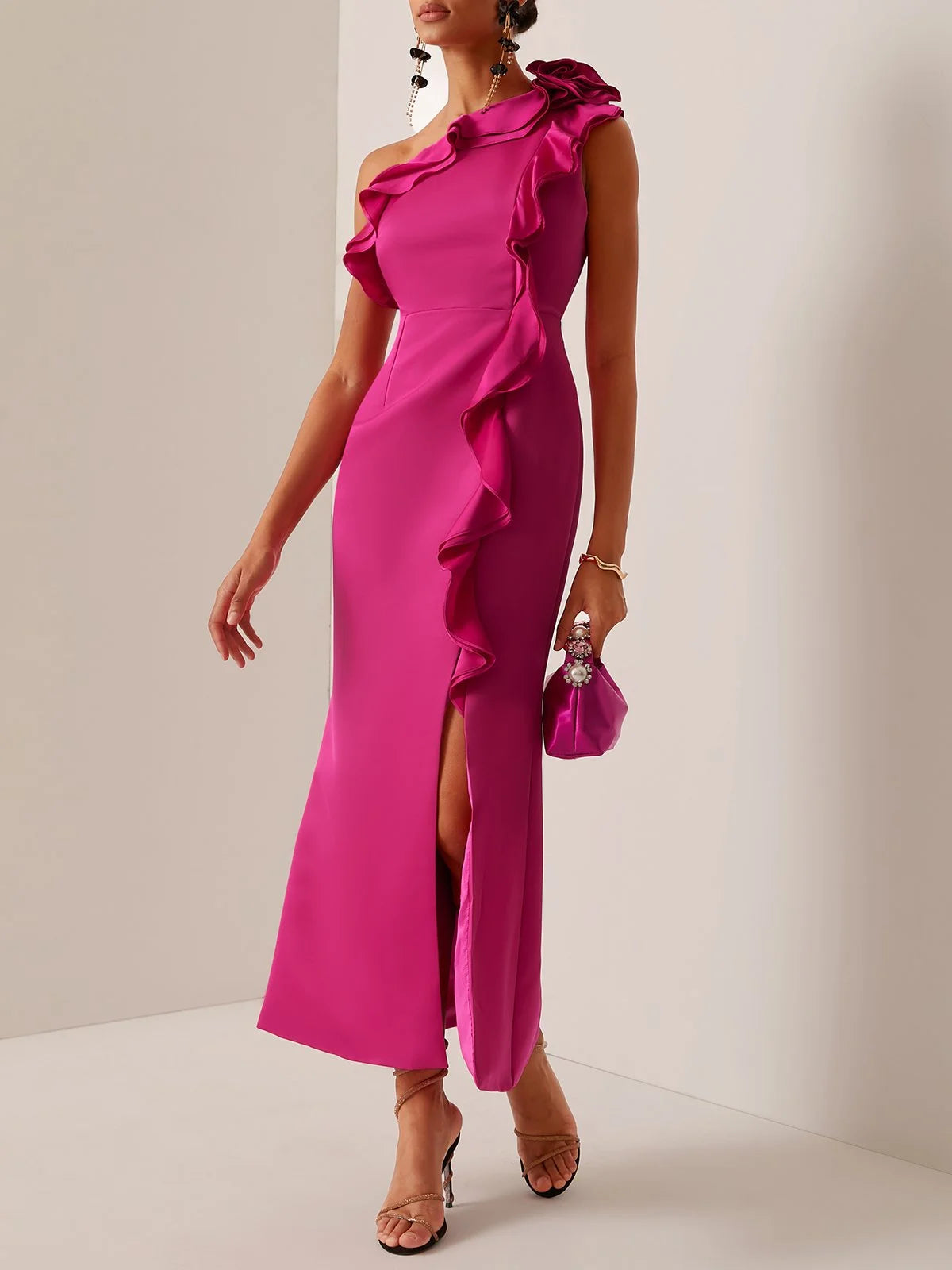 Simple beautiful generous and full of charm Rose Red Ruffled One-Shoulder Slit A-Line Maxi Dress
