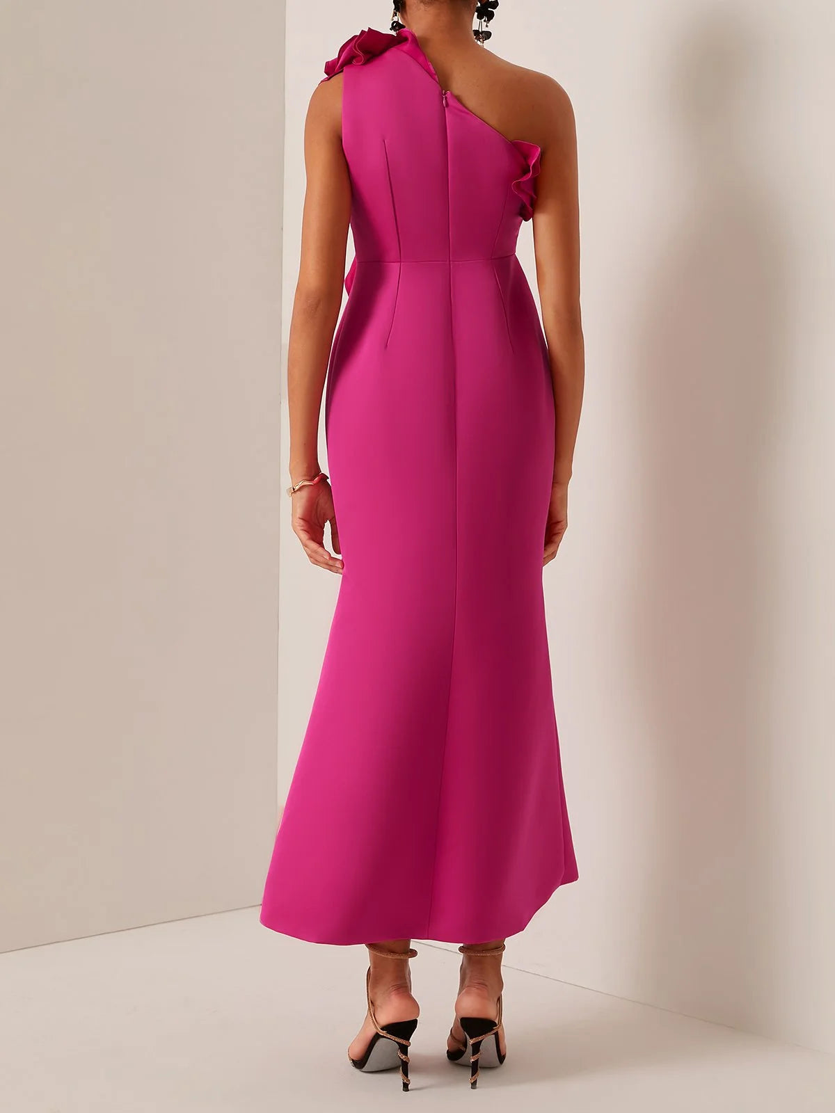 Simple beautiful generous and full of charm Rose Red Ruffled One-Shoulder Slit A-Line Maxi Dress