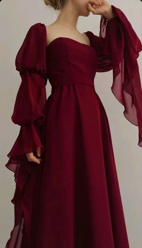 Sexy Mermaid Long Prom Dress Beautiful Vintage Romantic A-line Burgundy Prom Dress Evening Dress