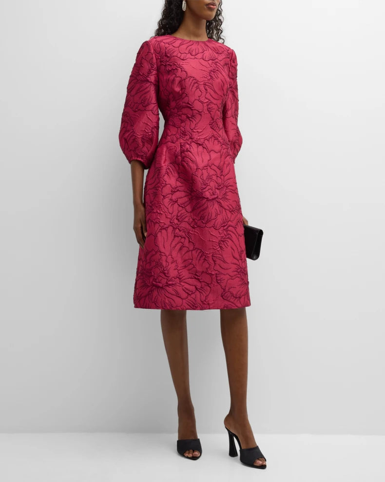 Blouson-Sleeve Floral Jacquard Midi Dress Beautiful and charming simple and unique design