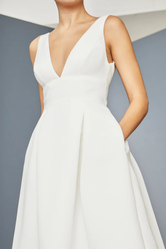 Fluid satin V-neck gown with silk chiffon cocoon detail spheric beautiful and unique desig