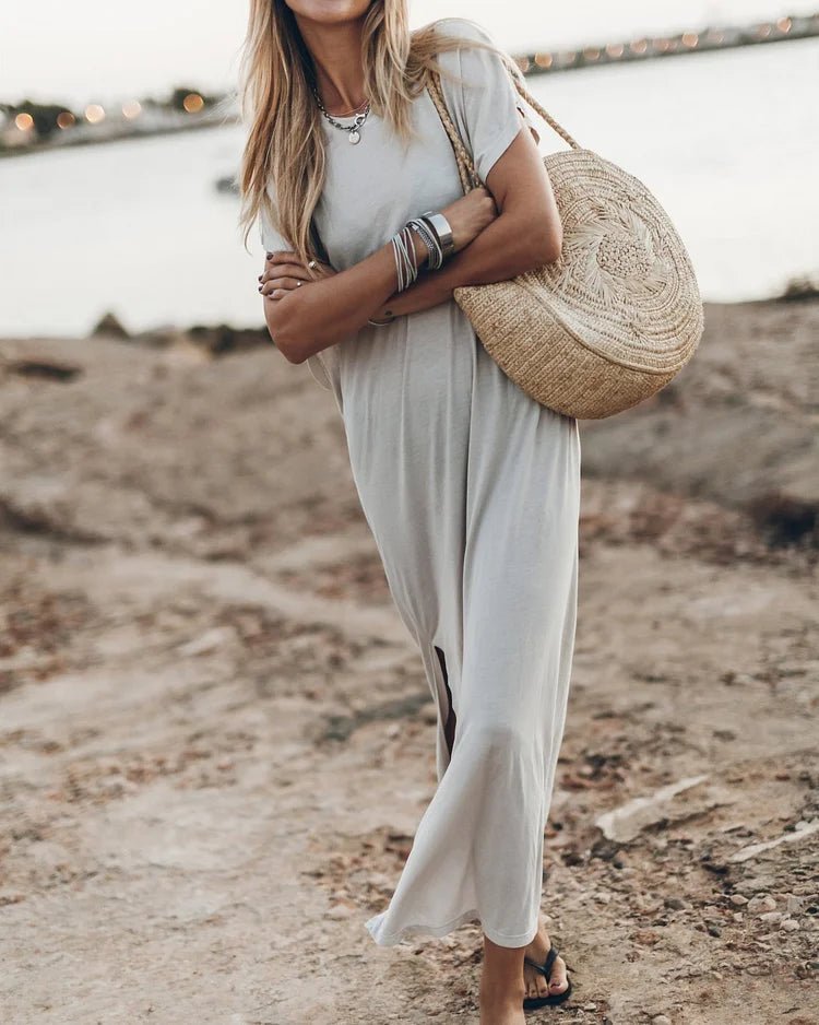 Simple and Effortless Open Sleeve Slit Oversized T-shirt Midi Dress Simple atmospheric beautiful and unique desi