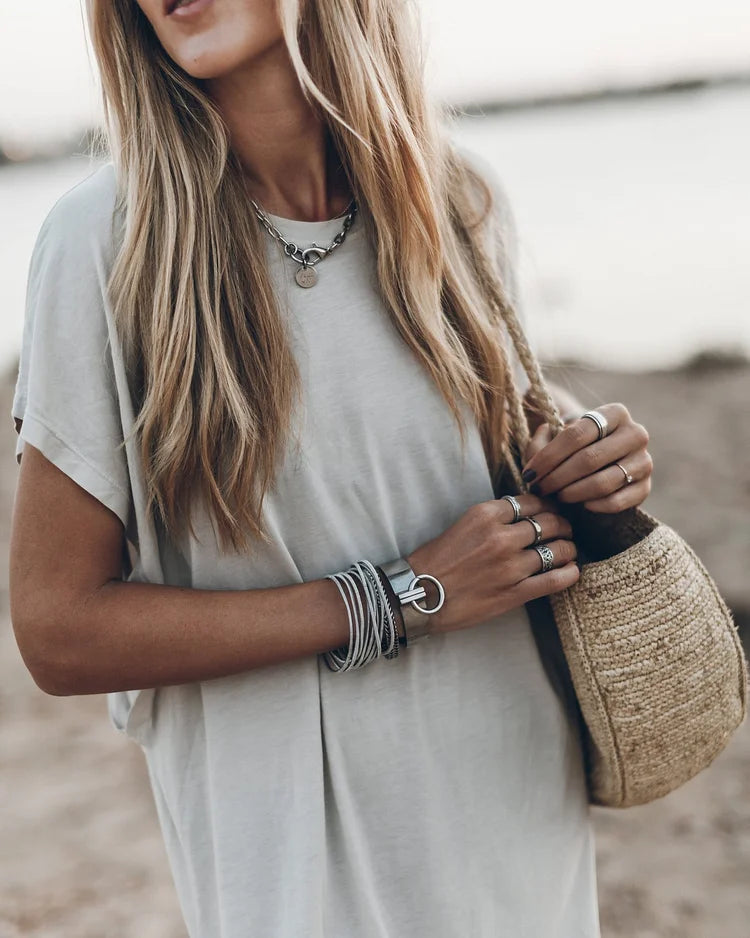 Simple and Effortless Open Sleeve Slit Oversized T-shirt Midi Dress Simple atmospheric beautiful and unique desi