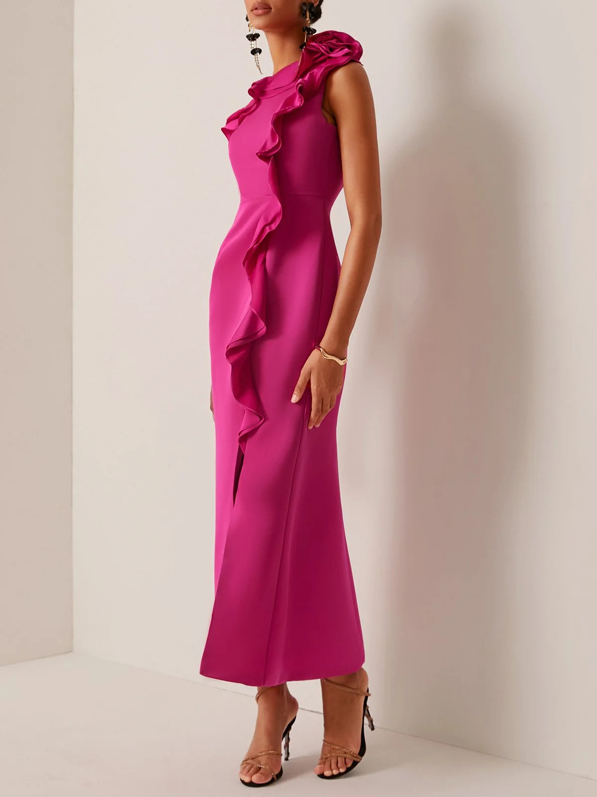 Simple beautiful generous and full of charm Rose Red Ruffled One-Shoulder Slit A-Line Maxi Dress