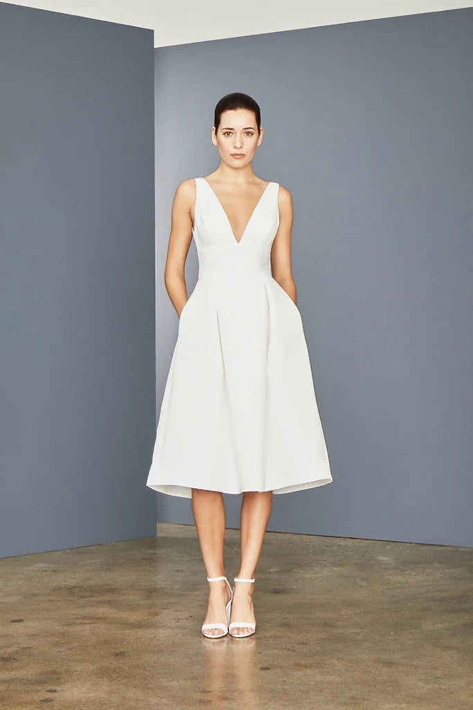 Fluid satin V-neck gown with silk chiffon cocoon detail spheric beautiful and unique desig