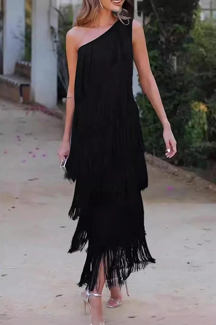 Sexy Solid Tassel Oblique Collar Irregular Dress Dresses Simple atmospheric beautiful and unique desi