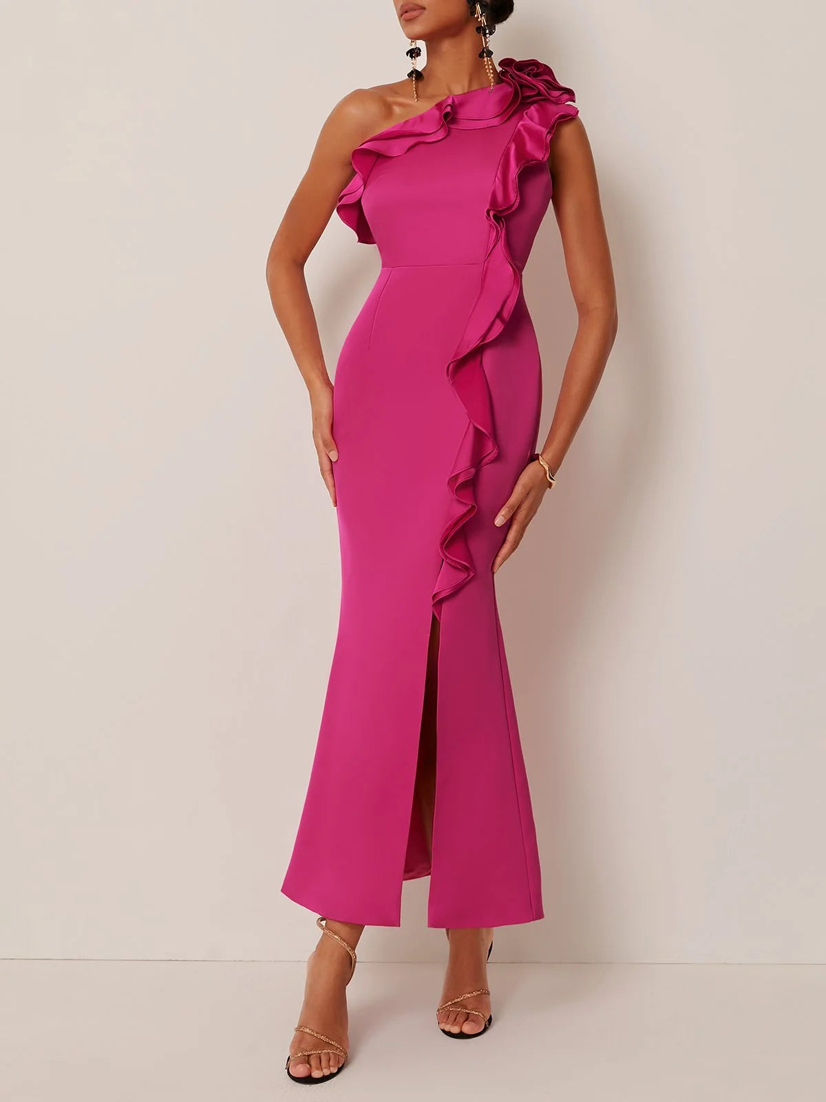 Simple beautiful generous and full of charm Rose Red Ruffled One-Shoulder Slit A-Line Maxi Dress