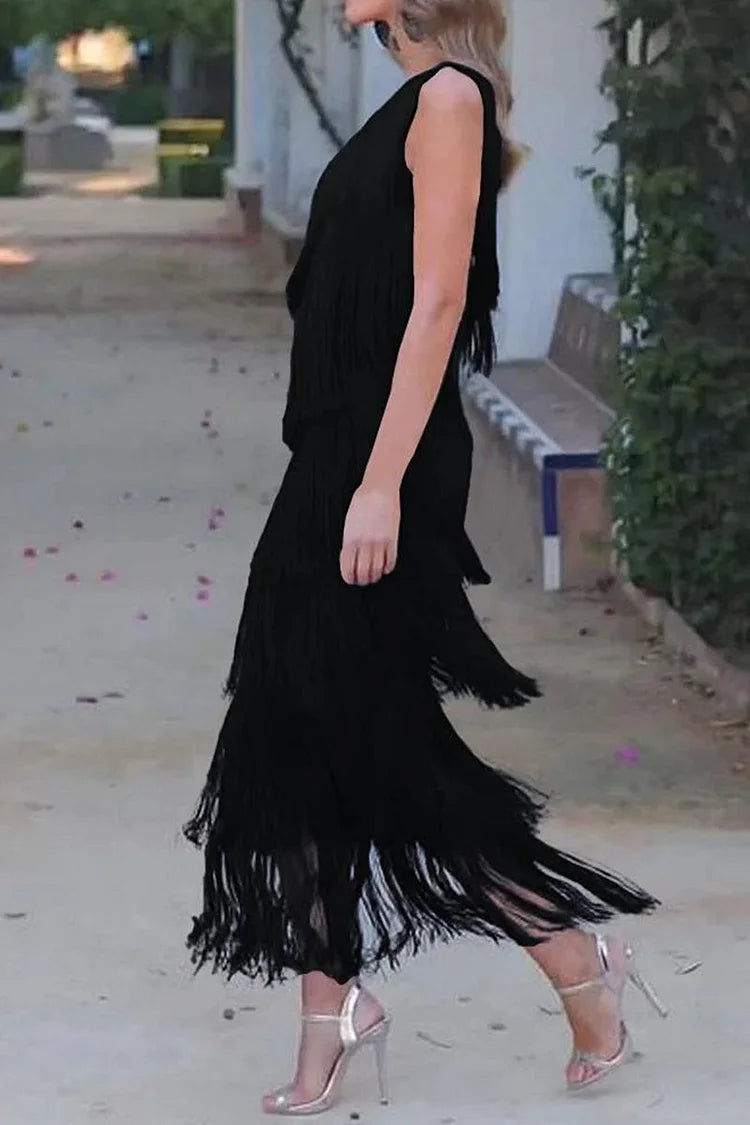 Sexy Solid Tassel Oblique Collar Irregular Dress Dresses Simple atmospheric beautiful and unique desi