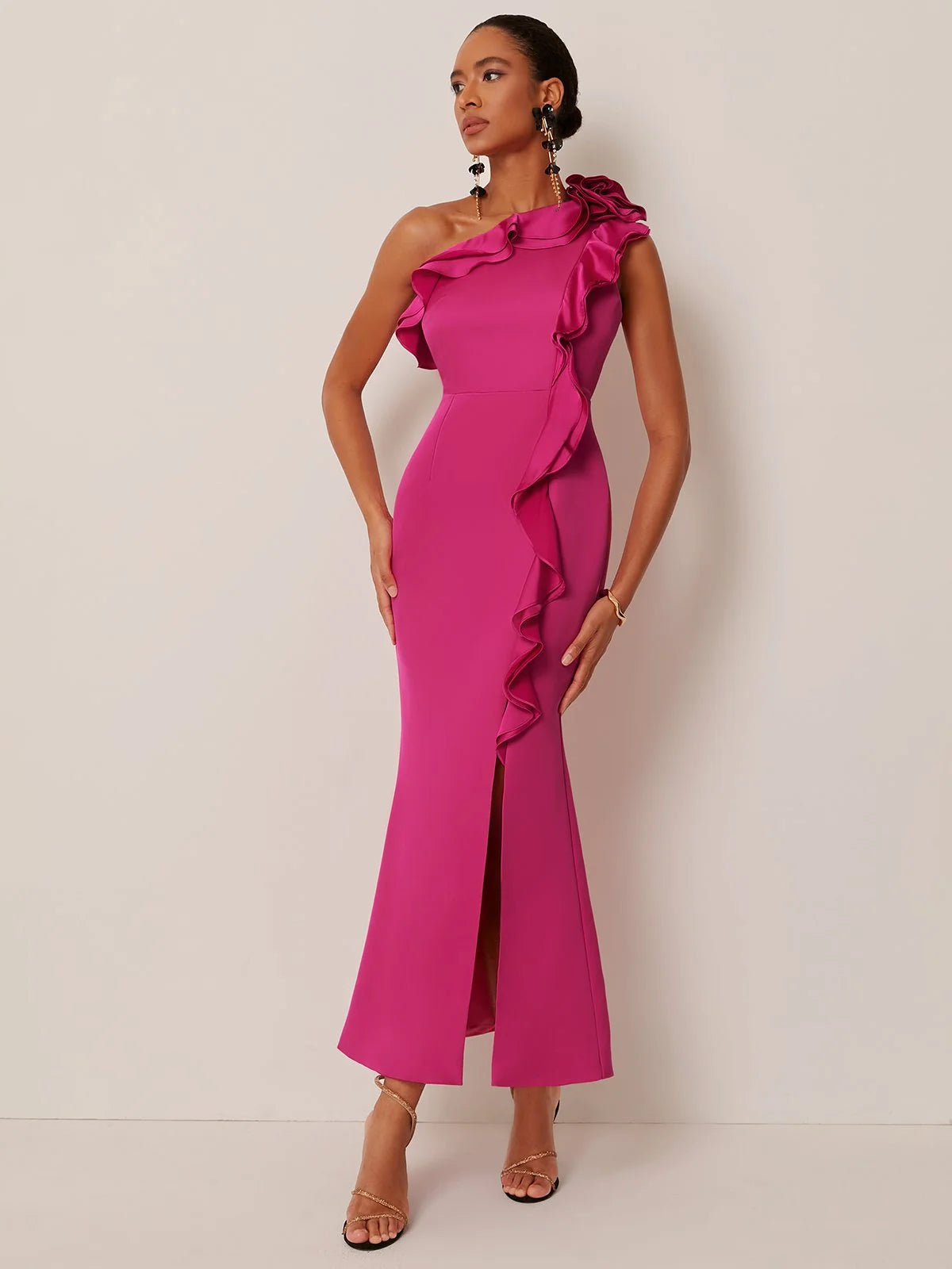 Simple beautiful generous and full of charm Rose Red Ruffled One-Shoulder Slit A-Line Maxi Dress