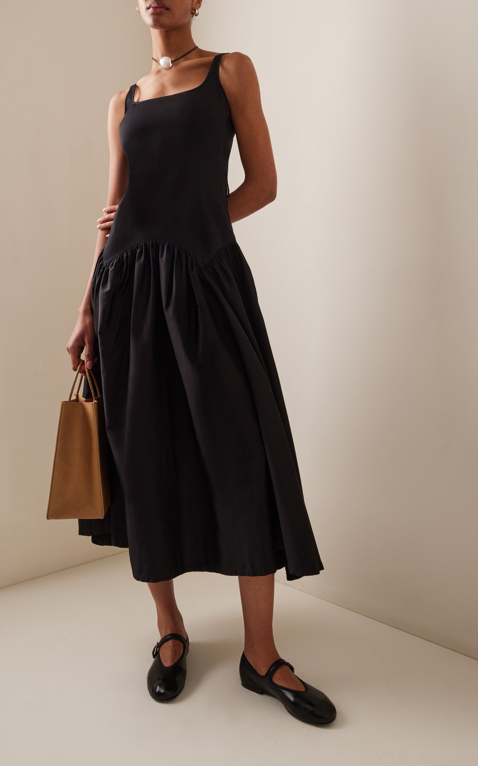Exclusive Lace-Up Cotton Midi Dress Full of charm simple and atmospheric