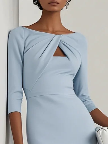 Light Blue Ruched Boat Neck Half Sleeve Sheath Midi Dress