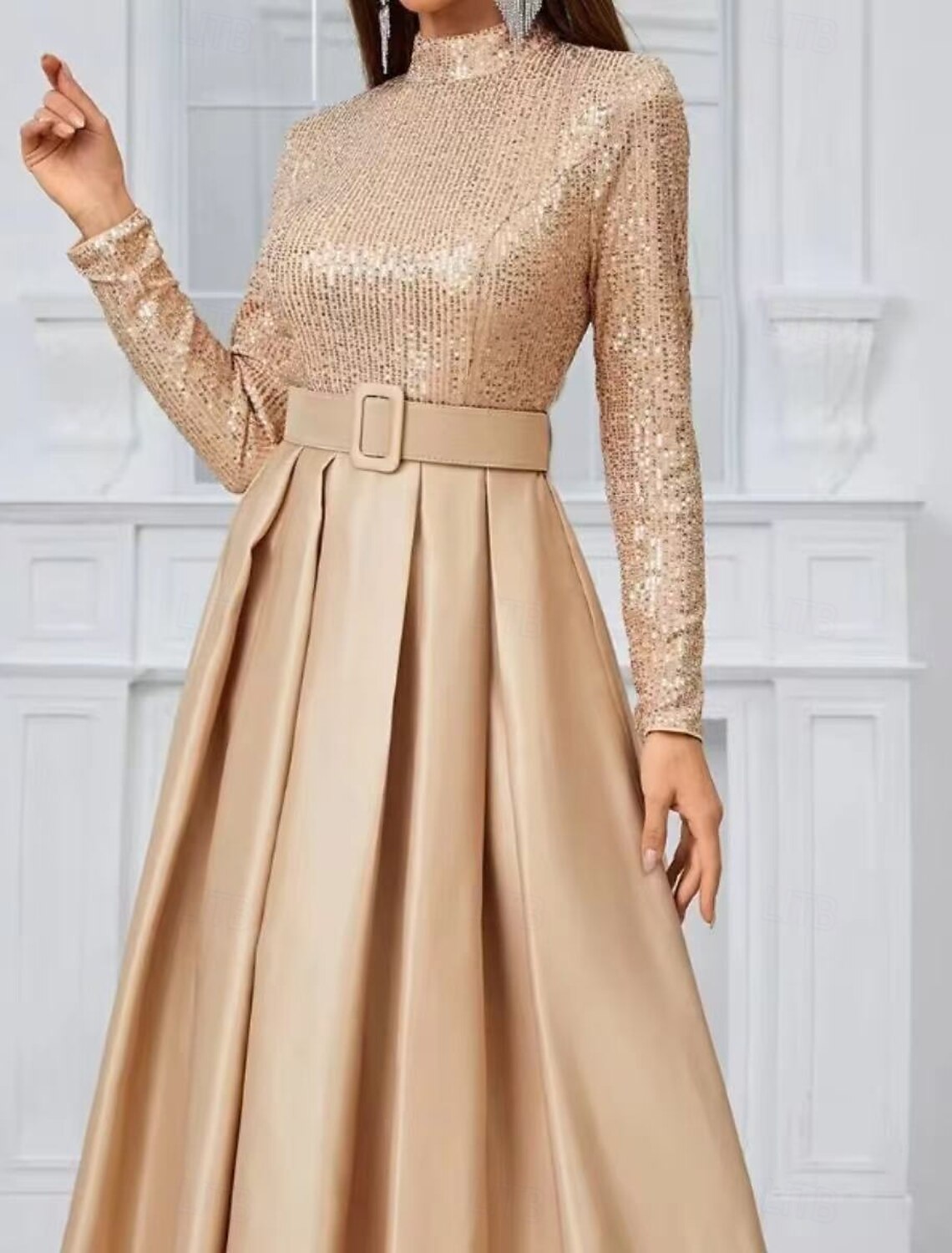 Evening Gown Elegant Dress Evening Party Black Tie Gala Court Train Long Sleeve Stand Collar Belt Sash Cotton Blend Cowl Back with Buttons Sequin
