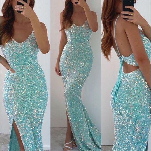 Sparkly Sequins Spaghetti Straps Mermaid Side Slit Dress With Train Party Dress Slit Dress