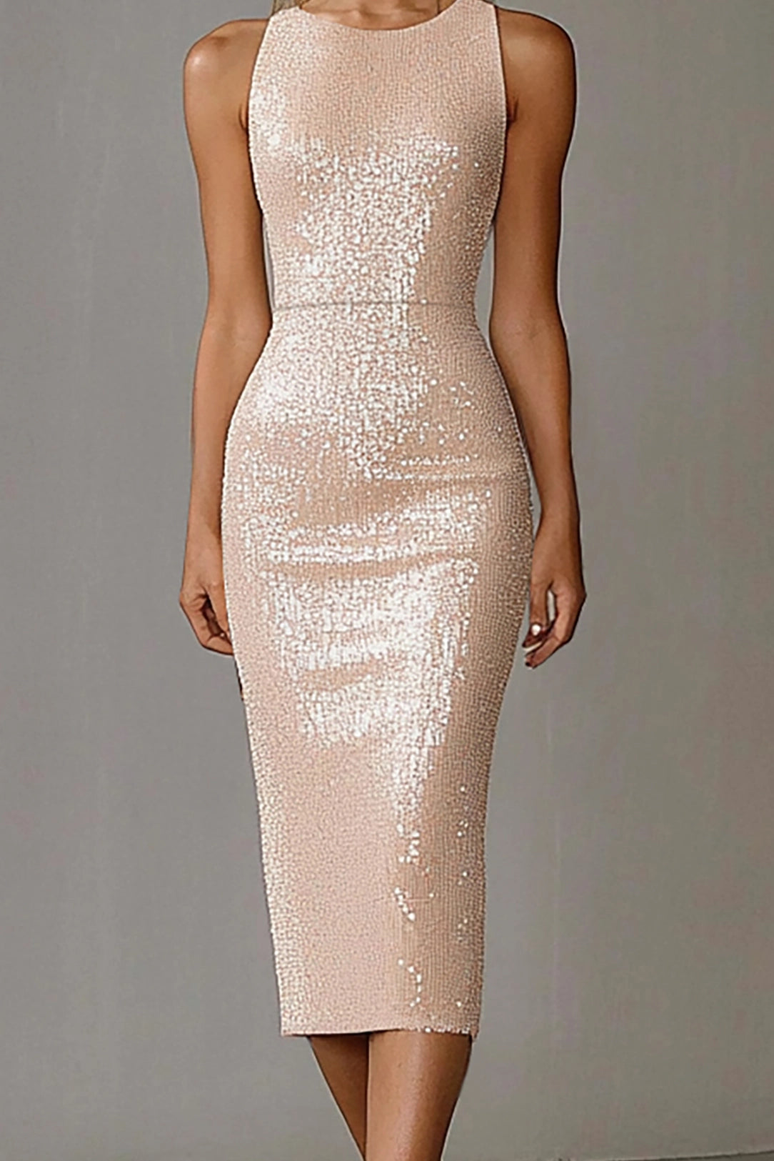 Cocktail Party Dress Sleeveless Light Pink Sequins Knee-Length Dress Simple beautiful generous and full of charm