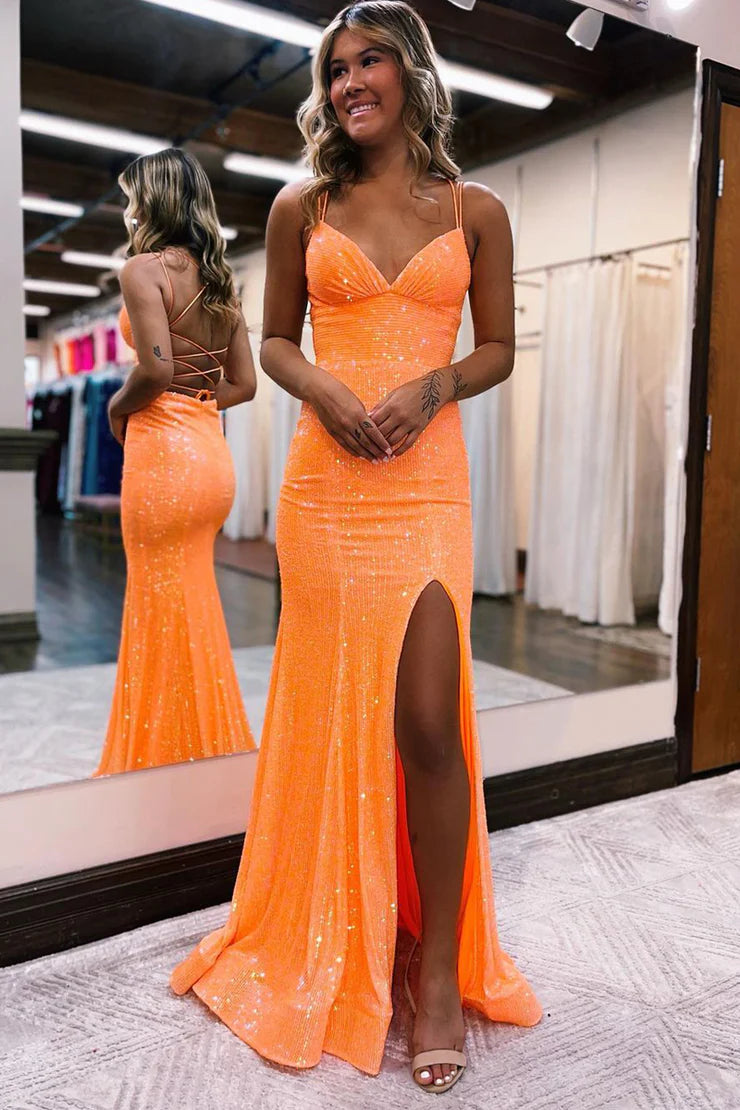 Cute Mermaid V Neck Orange Sequins Long Prom Dresses with Slit