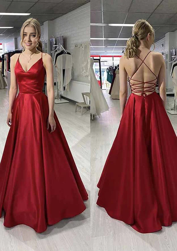 A-Line Princess V-Neck Sleeveless Satin Long Prom Dress/Evening Dress Simple gentle atmospheric and unique design