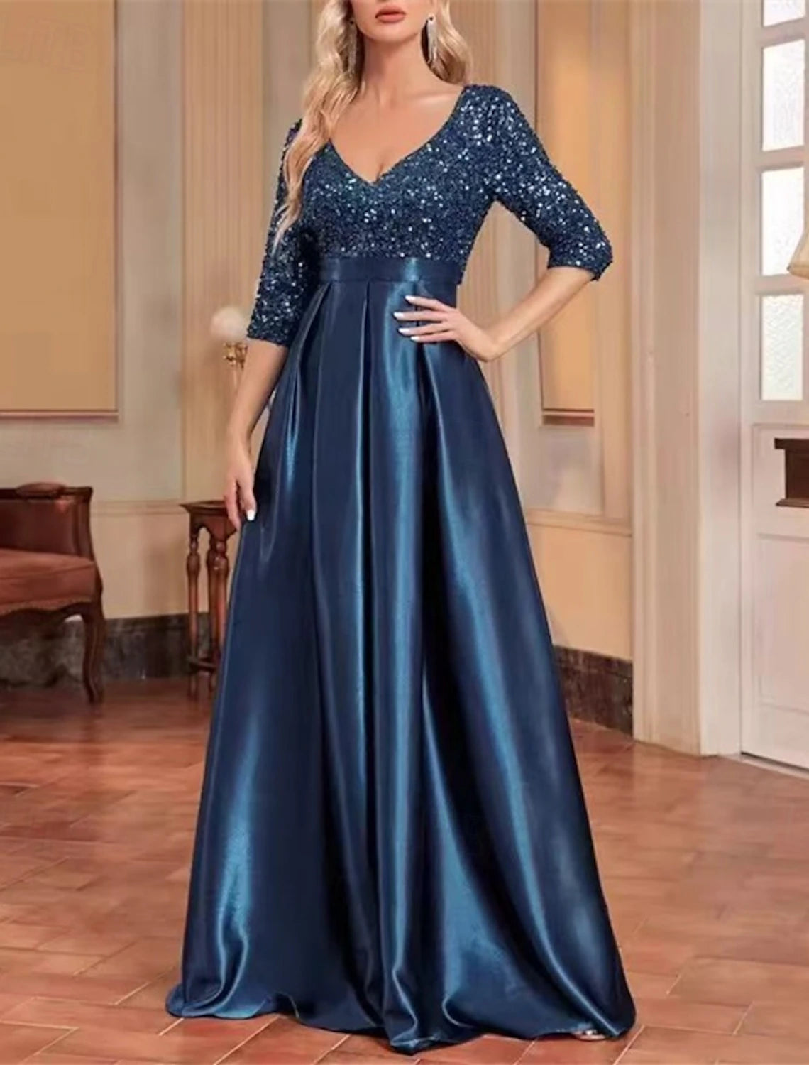 A-Line Evening Gown Party Dress Evening Party Party Wear Floor Length Short Sleeve V Neck Wednesday Addams Family Lace Cowl Back with Glitter Sequin