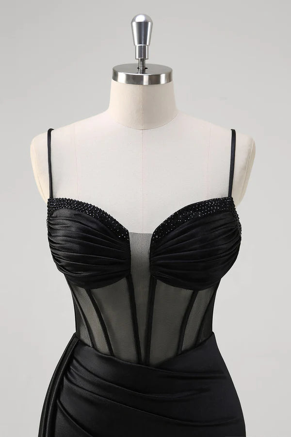 Black Spaghetti Straps Satin Mermaid Long Corset Prom Dress with Slit simple gentle atmospheric and unique desi