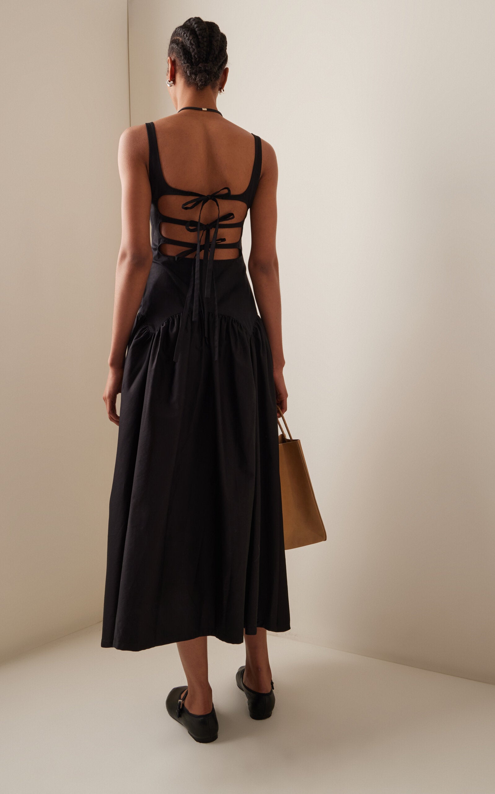 Exclusive Lace-Up Cotton Midi Dress Full of charm simple and atmospheric