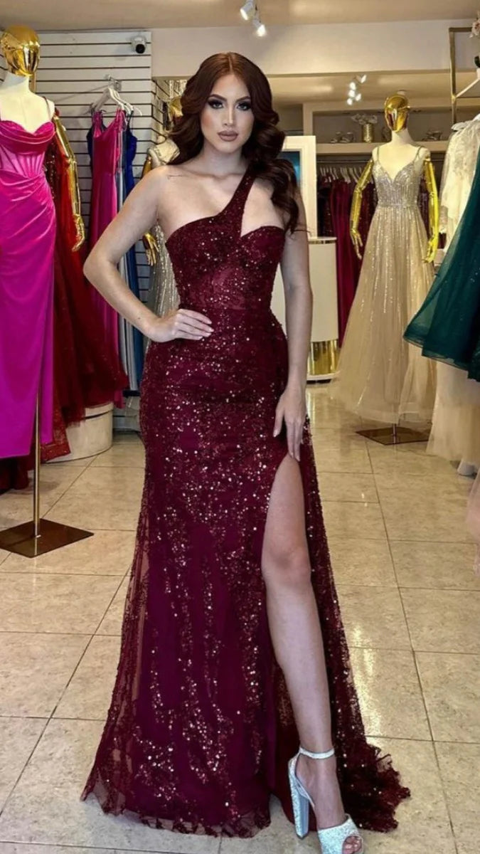 Sexy Mermaid Long Prom Dress Glitter Burgundy Sequin Prom Dress Slit Sexy Party Dress