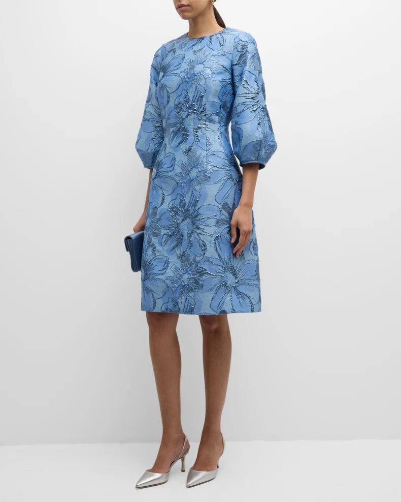 Blouson-Sleeve Metallic Jacquard Midi Dress Beautiful and charming simple and unique design