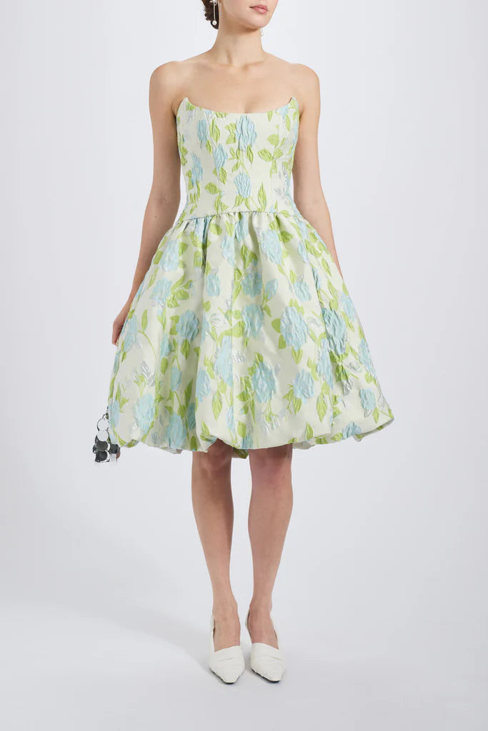 Crinkle floral jacquard pointed bodice drop-waist dress with bubble hem spheric beautiful and unique desig