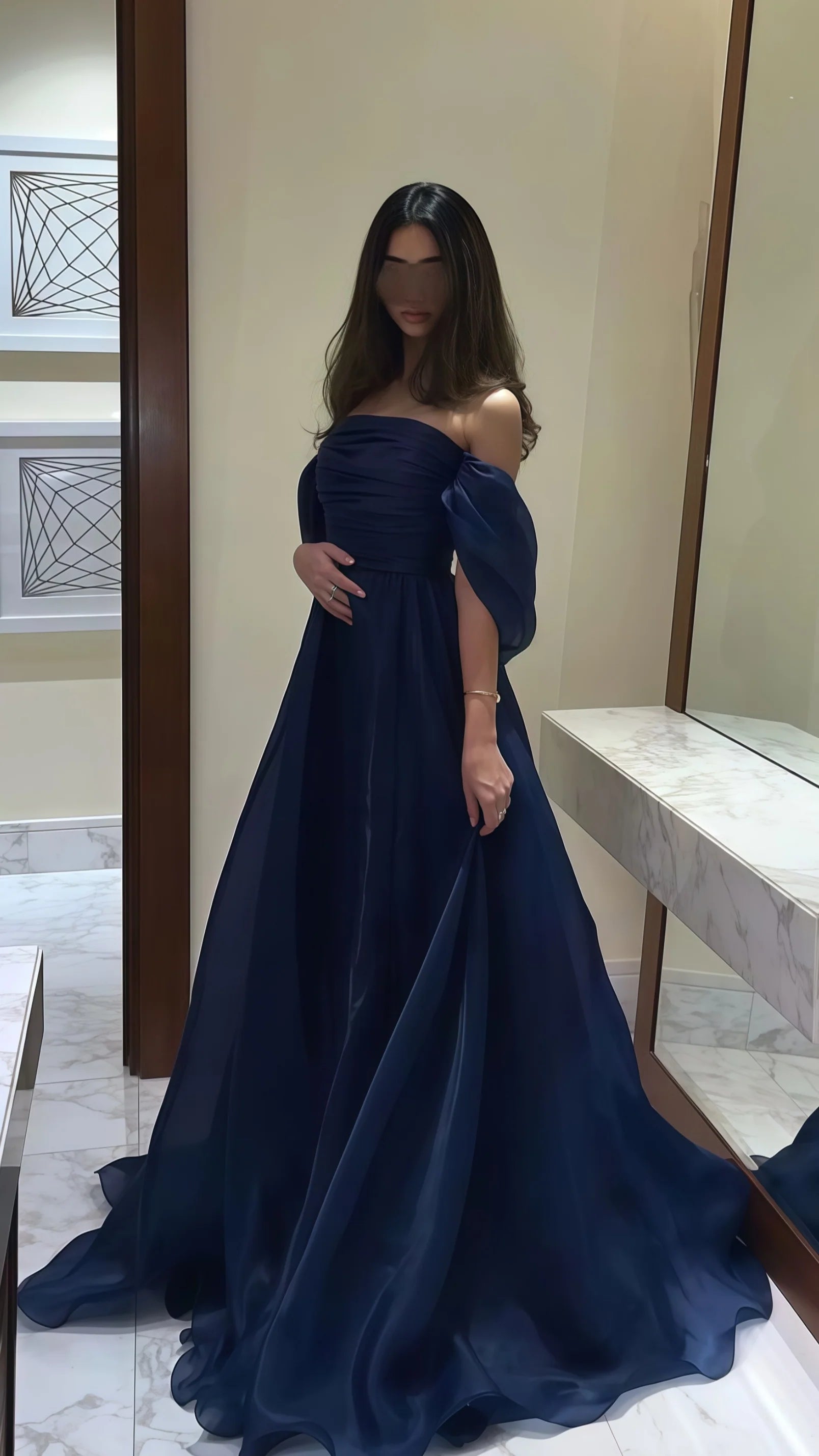 Sexy Mermaid Long Prom Dress Navy Blue Strapless Organza Prom Dress  A-Line Evening Party Dress