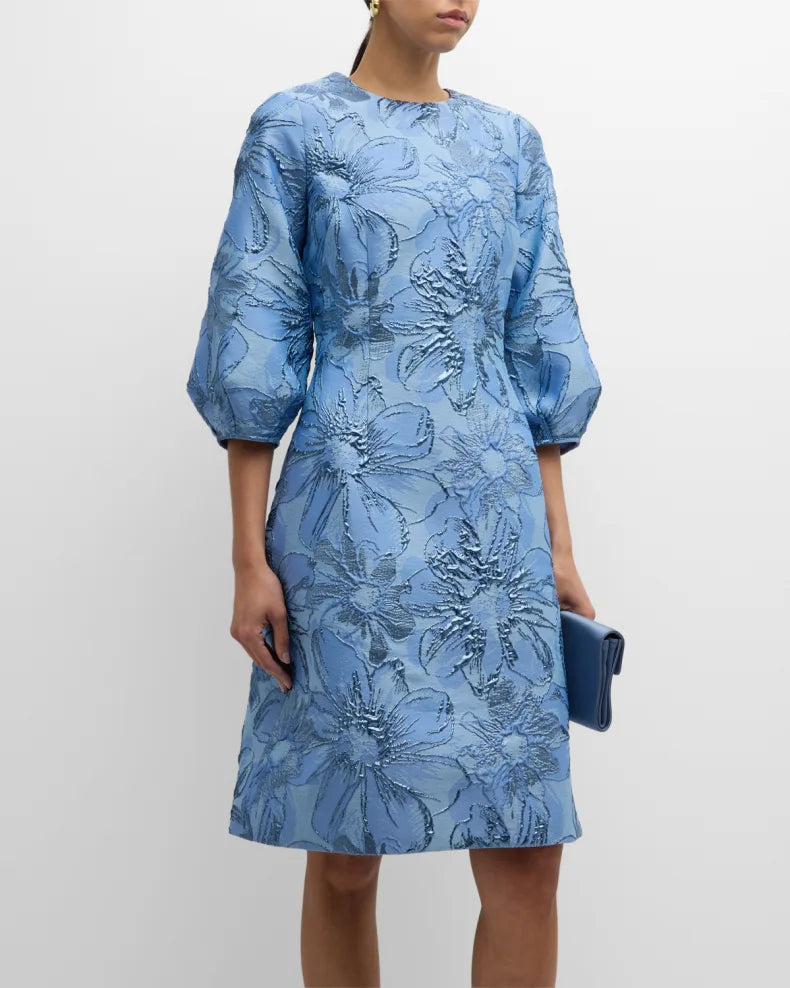 Blouson-Sleeve Metallic Jacquard Midi Dress Beautiful and charming simple and unique design
