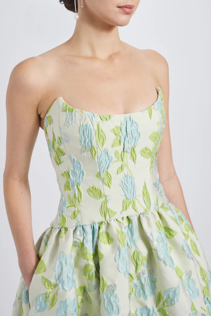 Crinkle floral jacquard pointed bodice drop-waist dress with bubble hem spheric beautiful and unique desig
