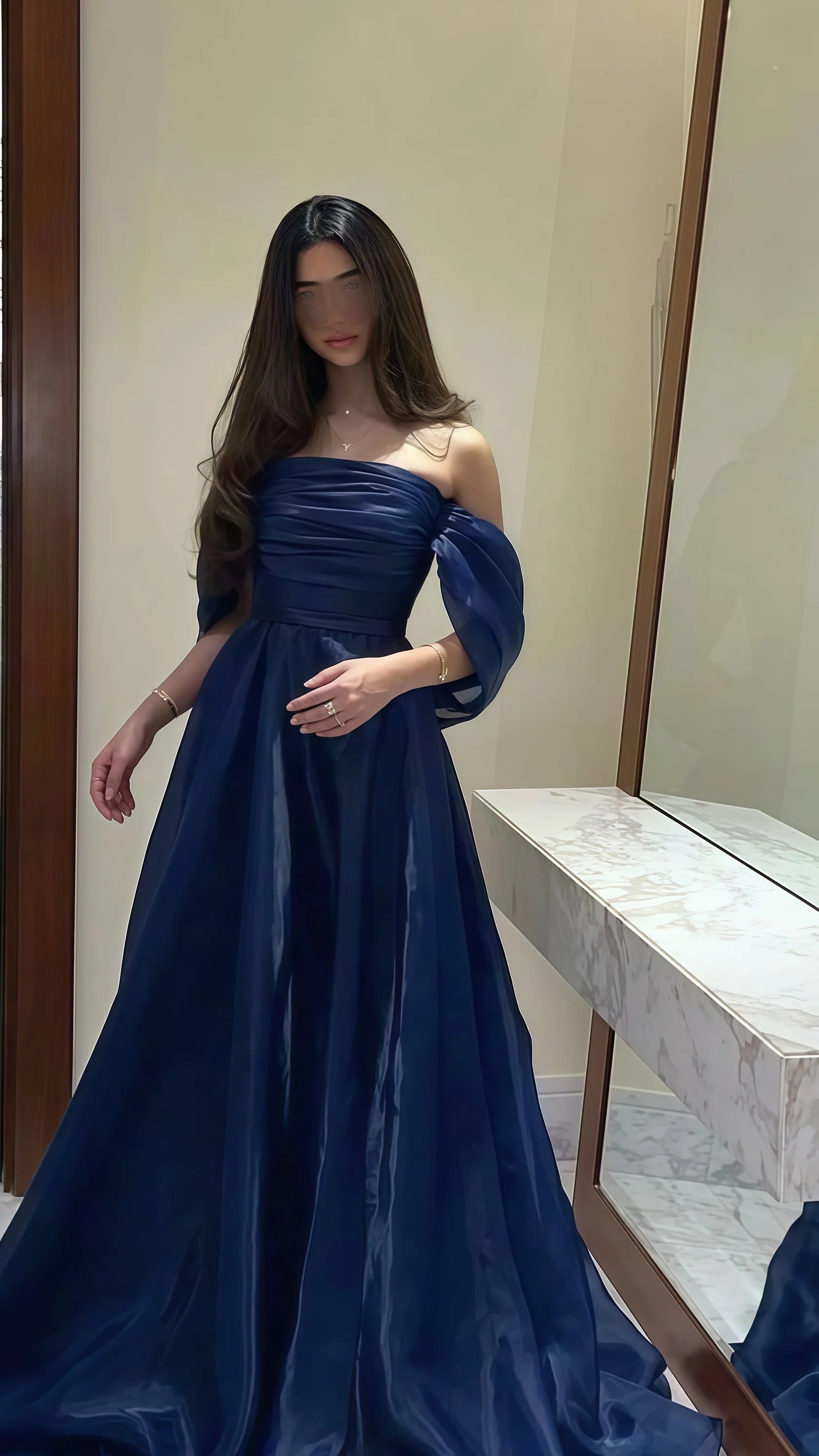Sexy Mermaid Long Prom Dress Navy Blue Strapless Organza Prom Dress  A-Line Evening Party Dress