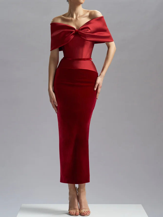 Simple beautiful generous and full of charm Wine Red Off The Shoulder Velvet Sheath Maxi Dress