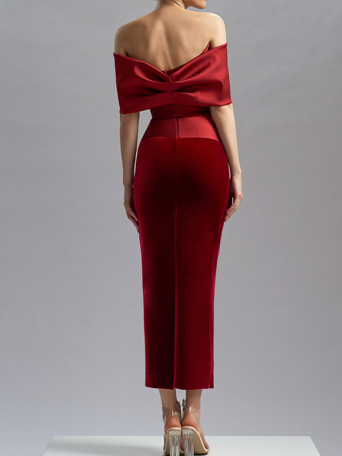 Simple beautiful generous and full of charm Wine Red Off The Shoulder Velvet Sheath Maxi Dress