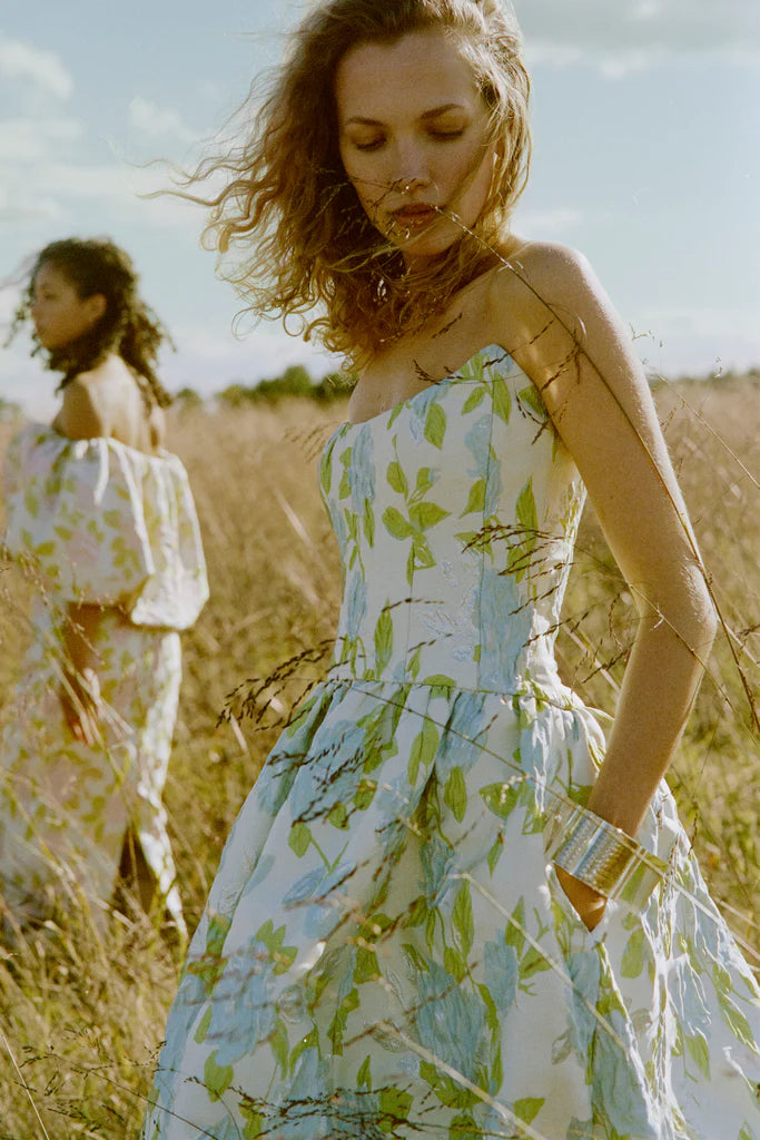 Crinkle floral jacquard pointed bodice drop-waist dress with bubble hem spheric beautiful and unique desig